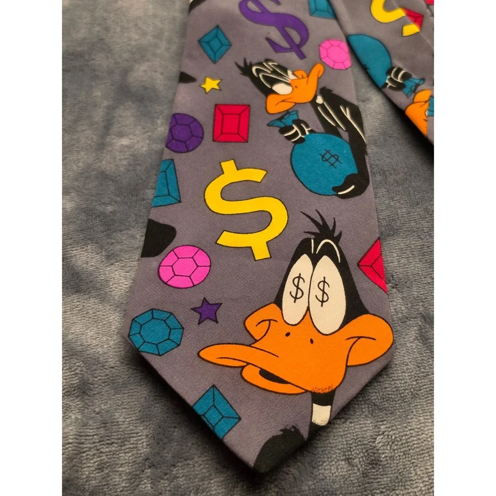 Vintage 1993 Looney Tunes Daffy Duck Money Silk Tie Balancine Grey 90s Cartoon